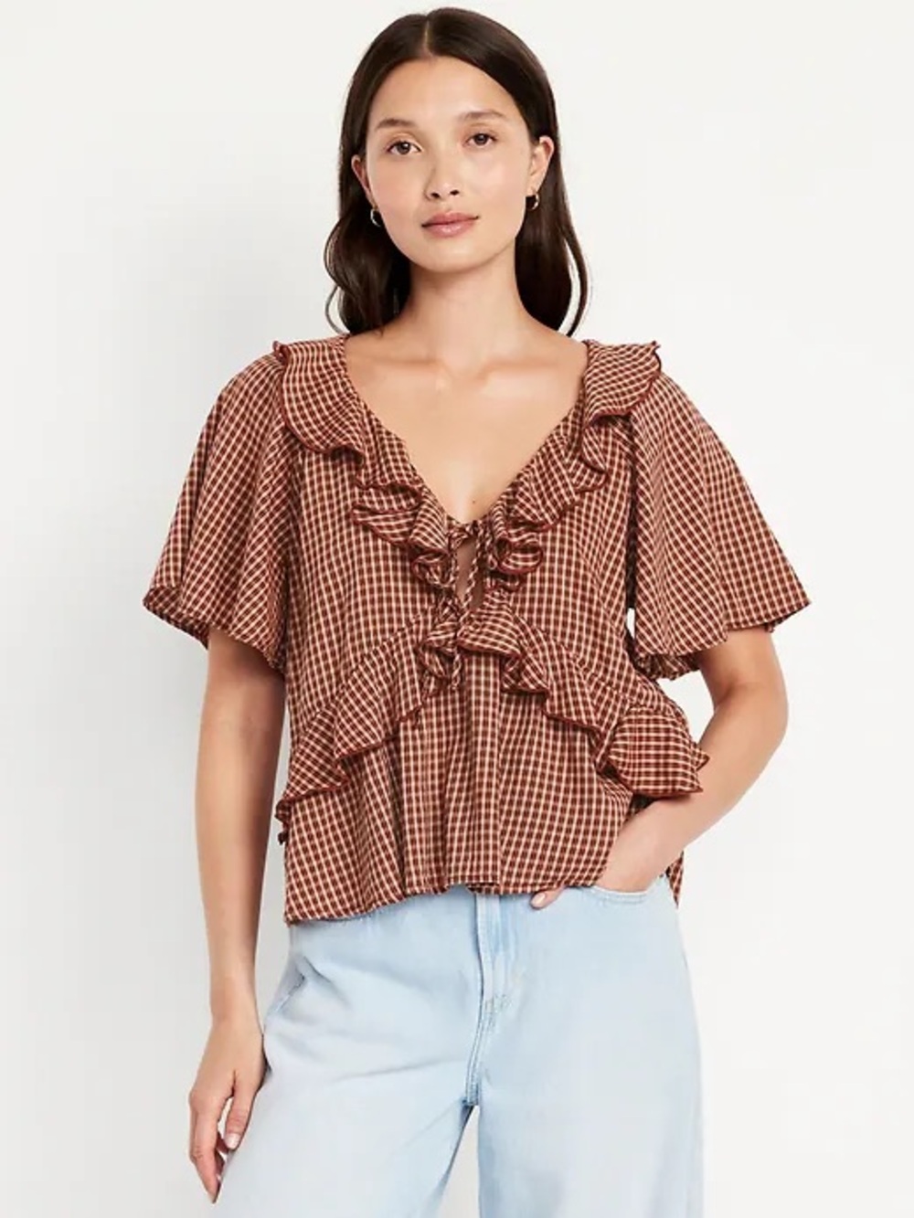 Old Navy Brown Gingham Ruffle Tie-Front Top